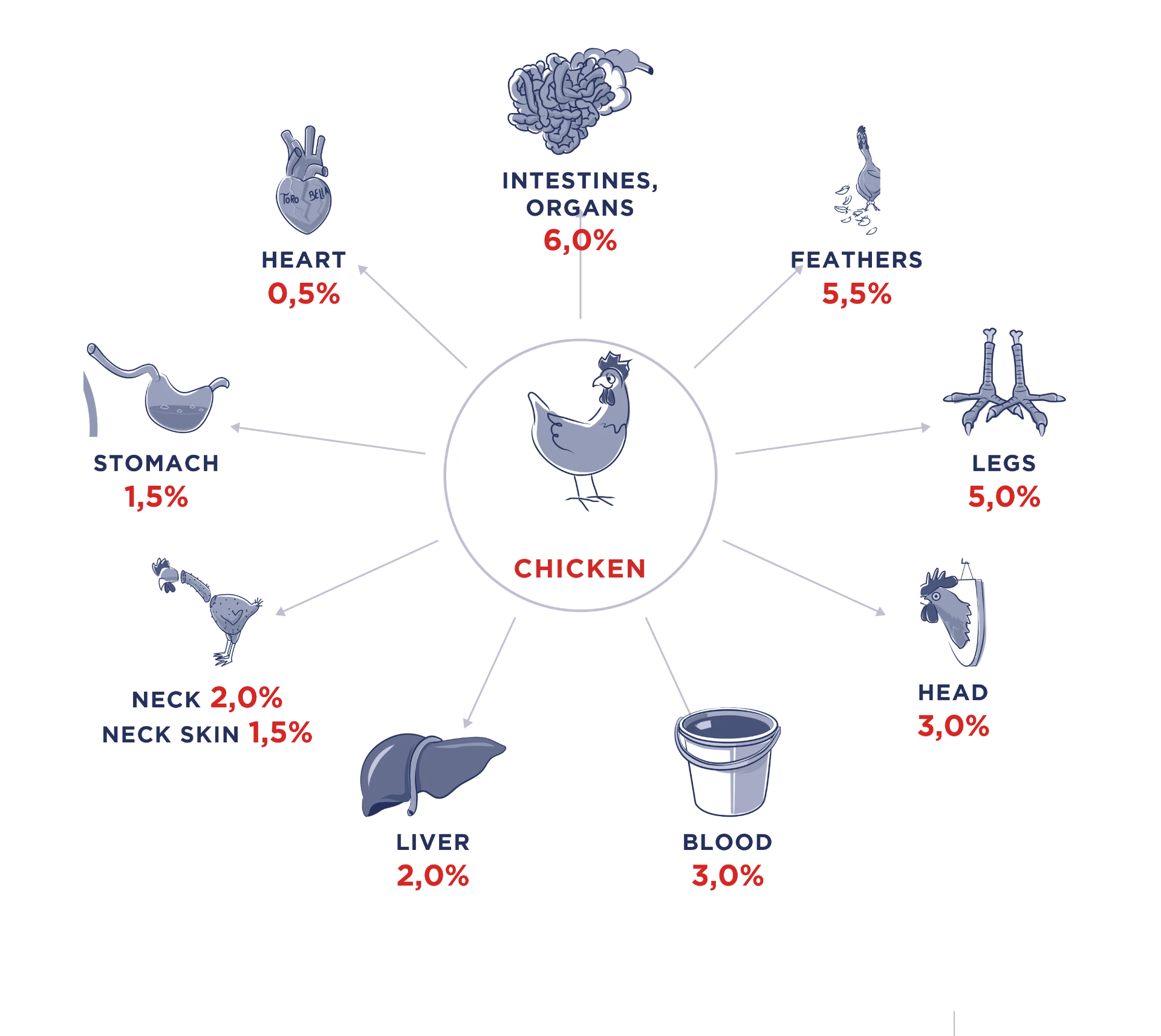 Illustration of a chicken showing the share of each side stream by weight percentage