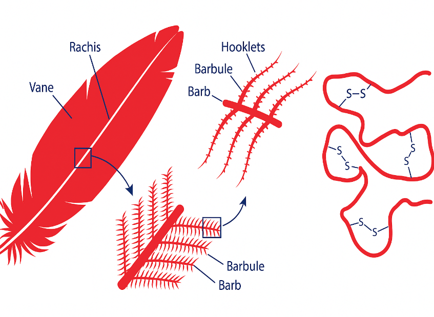 Diagram of the keratin structure of a feather: vane, rachis, barb, barbule, hooklets and disulfide bridges