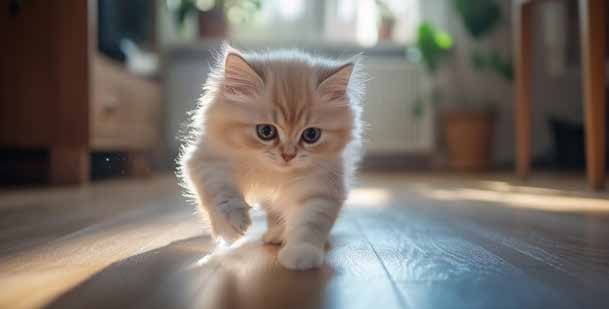 Fluffy kitten walking indoors